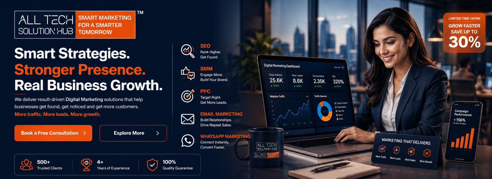 Digital marketing services including SEO, SMM, PPC, email and WhatsApp marketing