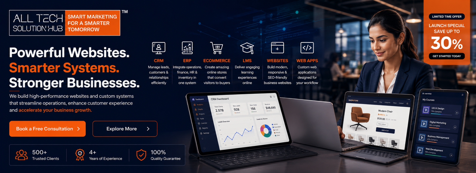 Web development services including CRM, ERP, ecommerce, LMS and custom web applications