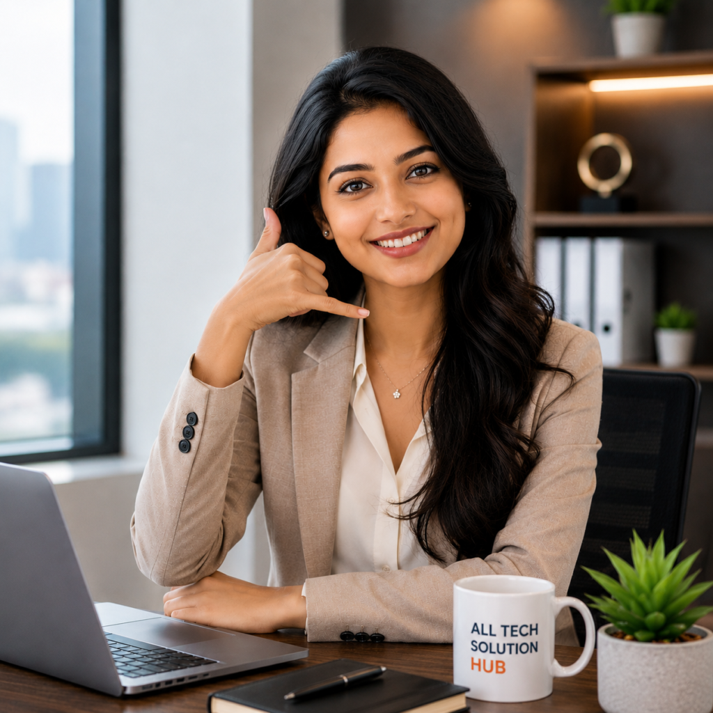 Businesswoman inviting businesses to connect for digital marketing and AI automation solutions