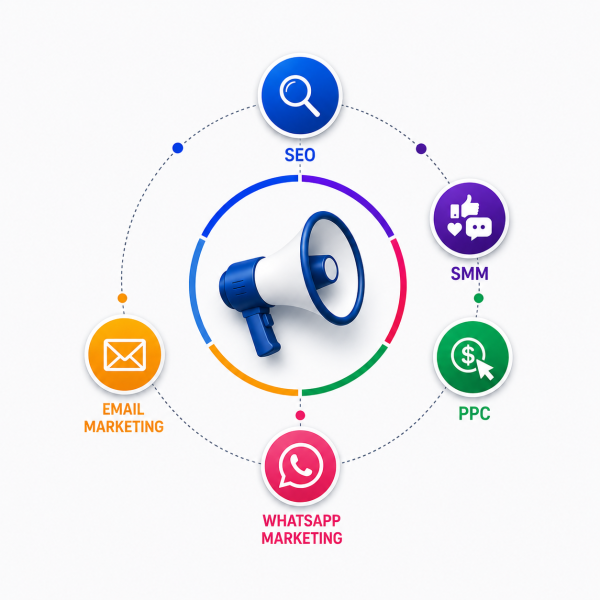 Digital marketing services including SEO, social media marketing, PPC, email marketing and WhatsApp marketing